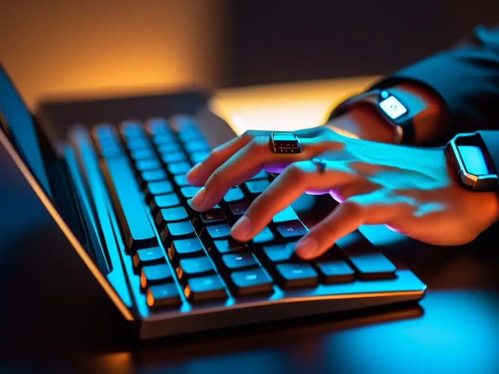 Un hacker tecleando en un teclado con luz tenue, creando una atmósfera intrigante