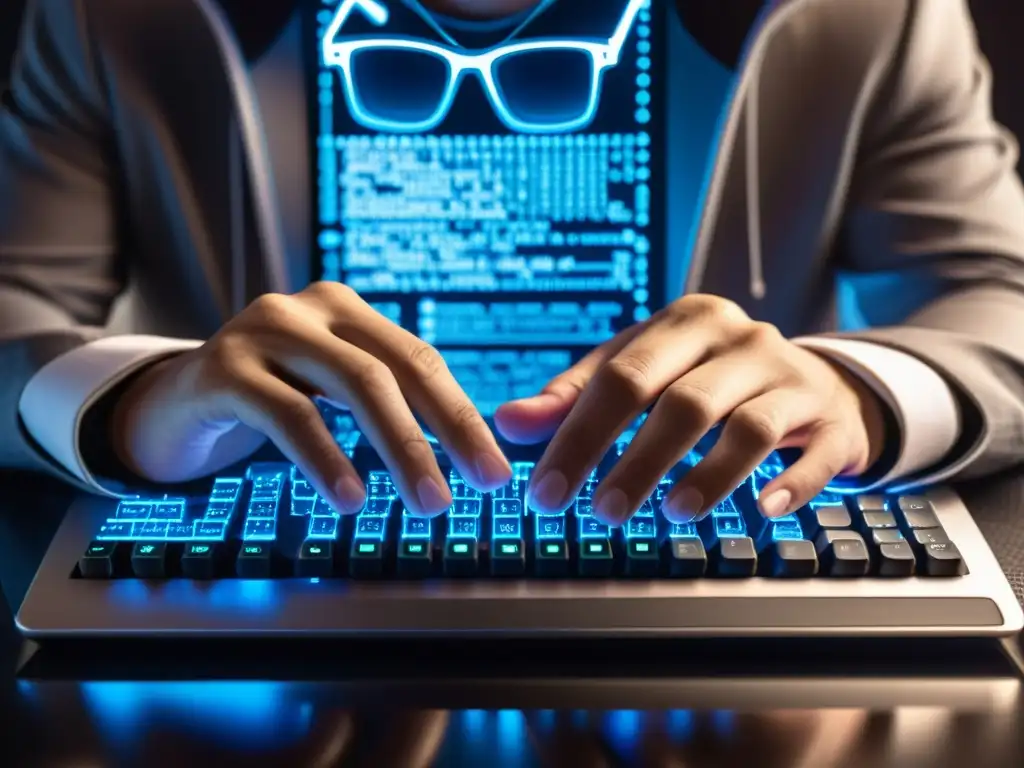 Un hacker teclea frenéticamente en un teclado retroiluminado, reflejando líneas de código y complejos diagramas de ciberseguridad en sus gafas