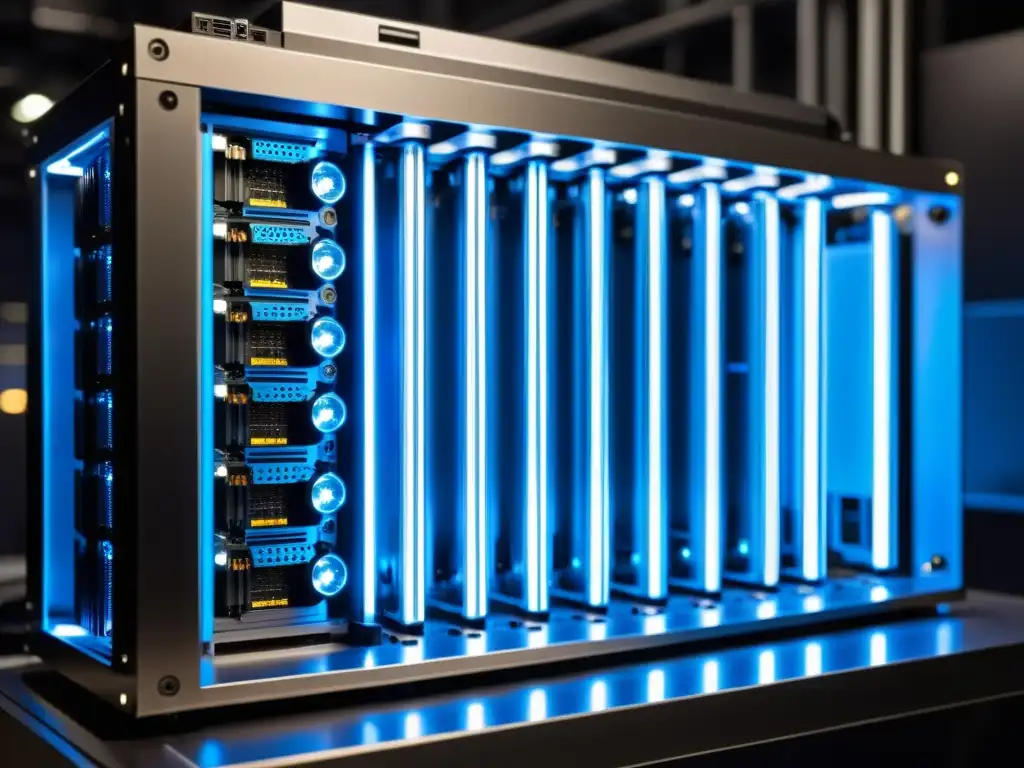 Hardware para minería de criptomonedas en sistemas alternativos: imagen detallada de un moderno y sofisticado equipo de minería, iluminado por un suave resplandor LED azul en un entorno industrial