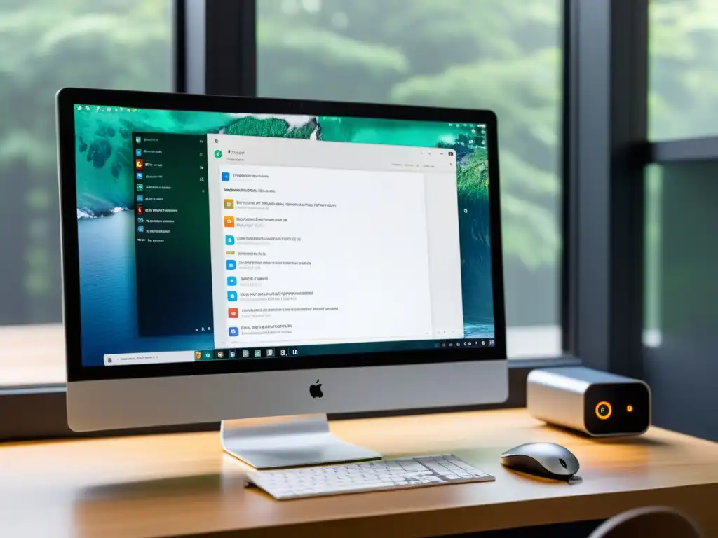 Herramientas de colaboración en línea para Linux y BSD: Imagen minimalista de un elegante ordenador de escritorio con software de mensajería especializado, en un entorno profesional y sofisticado