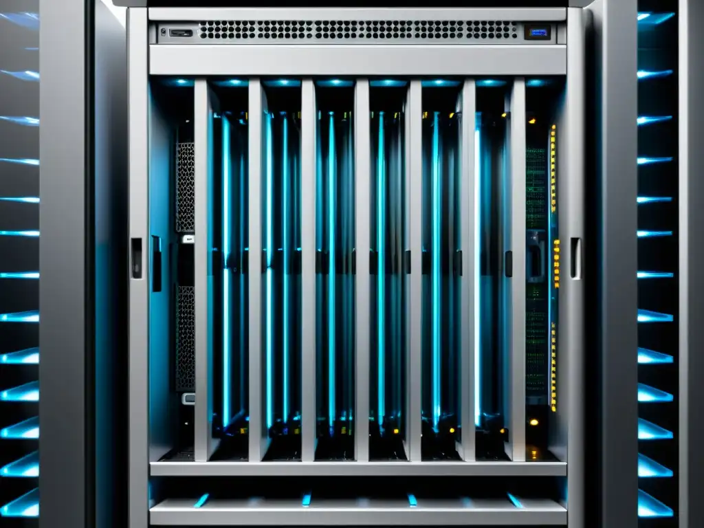Herramientas esenciales para monitoreo de sistemas de archivos: Imagen detallada de un moderno rack de servidores con discos duros y cables ordenados