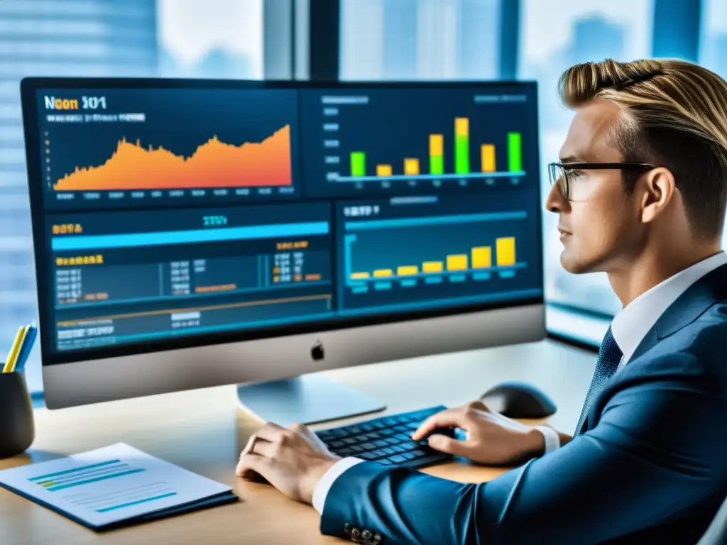 Análisis financiero profesional: enfoque y precisión Herramientas de gestión financiera BSD: Un analista financiero profesional analiza datos en una oficina moderna y minimalista