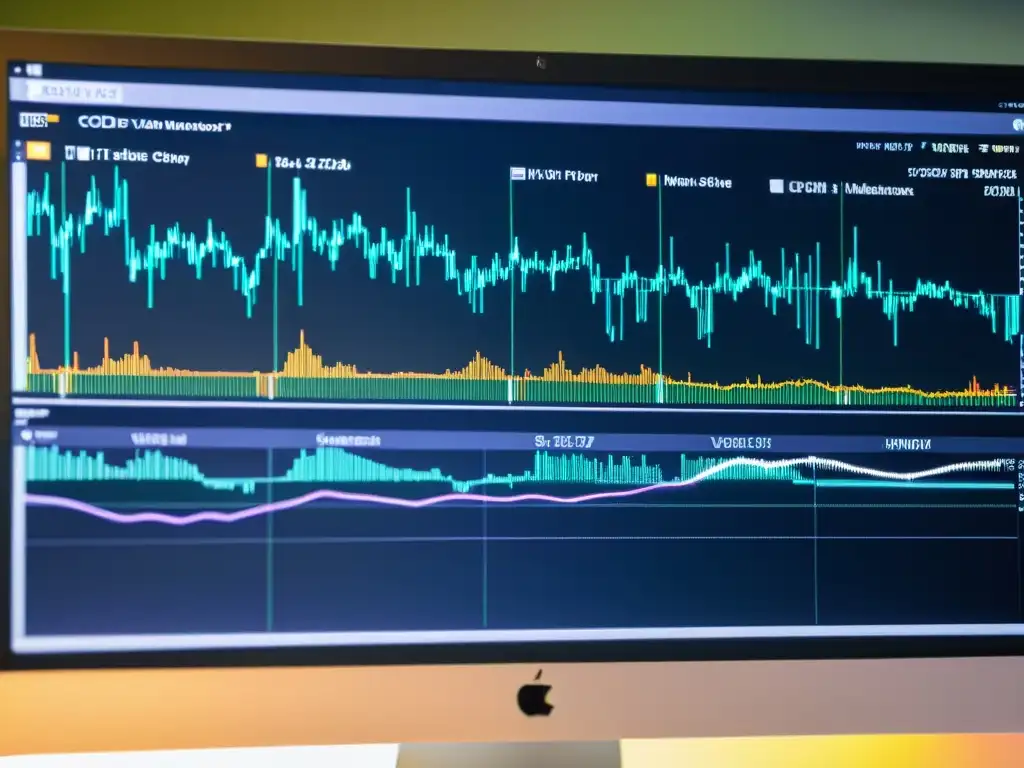 Implementando IDS y IPS en Sistemas BSD: imagen de monitor con líneas de código y visualizaciones de tráfico de red, moderna y sofisticada