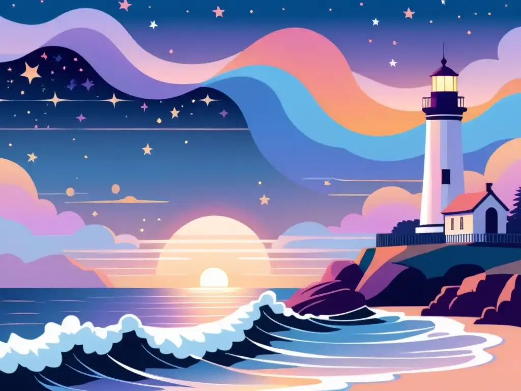 Una ilustración digital detallada de una costa serena al atardecer, con un faro alto en el fondo