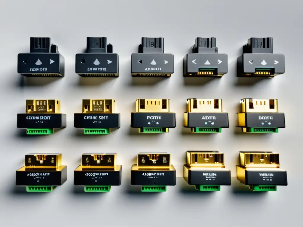 Grid de adaptadores de red: marcas y tipos en alta resolución Una imagen de alta resolución que muestra adaptadores de red de diferentes marcas y tipos organizados en un patrón ordenado