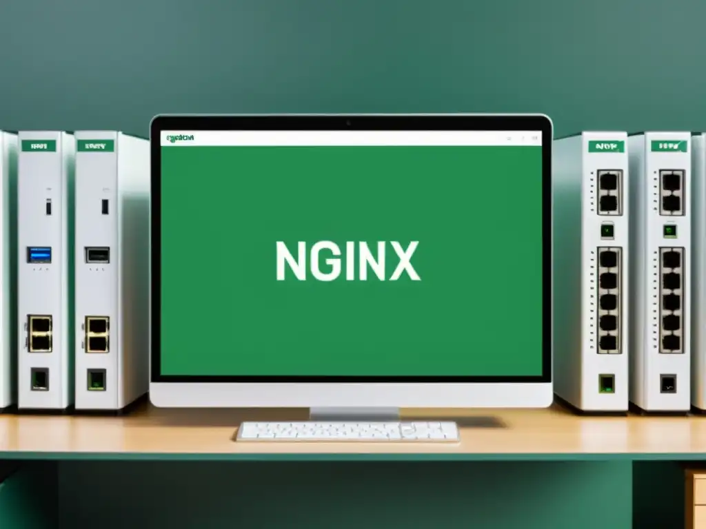 Imagen de alta resolución que muestra los servidores web Nginx y Apache funcionando sin problemas en un entorno profesional y minimalista