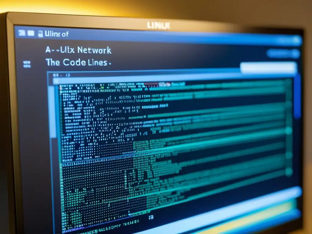 Una imagen detallada de la estructura del kernel de Linux, con líneas de código nítidas y un brillo sutil en el monitor