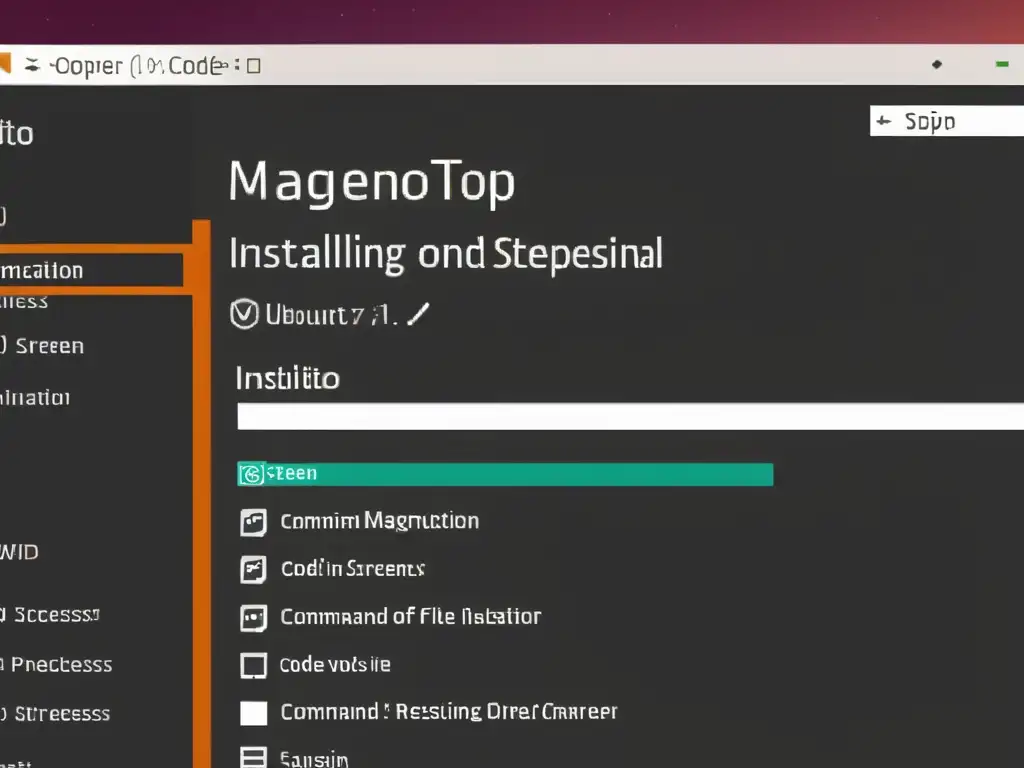Una imagen detallada muestra la instalación de Magento en Ubuntu, con líneas de código en la terminal