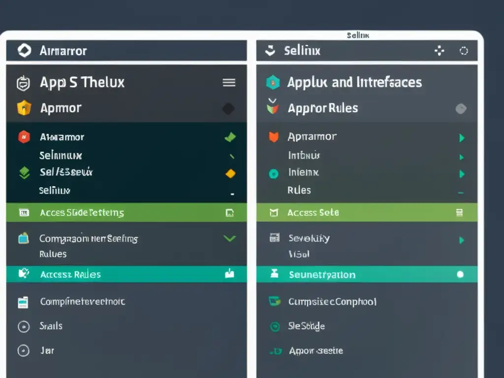 Una imagen detallada compara las interfaces de SELinux y AppArmor, destacando las configuraciones y reglas de control de acceso