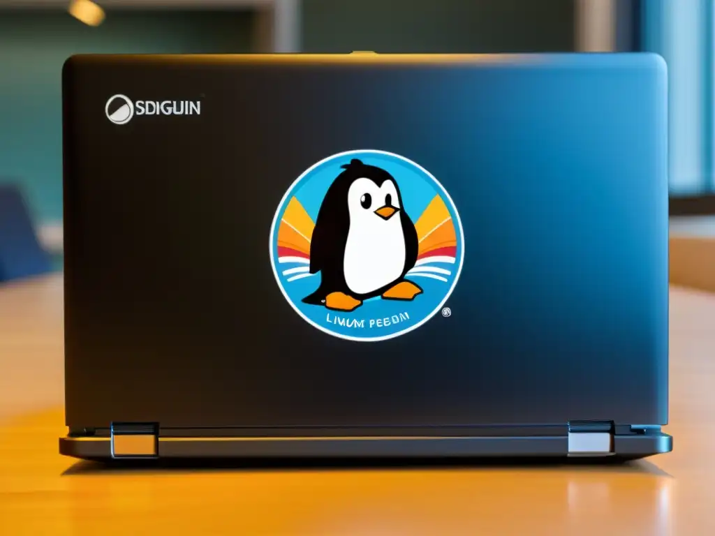 Una imagen detallada de laptop con stickers de Linux y BSD en un escritorio minimalista