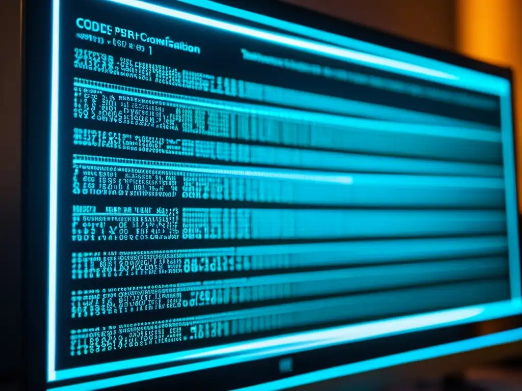 Una imagen detallada de un monitor con código complejo, iluminando una habitación oscura