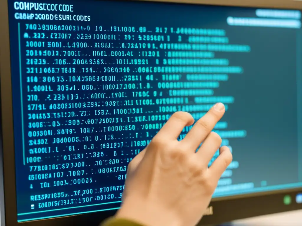 Una imagen detallada de un monitor con código abierto y una mano humana, creando una conexión con la programación