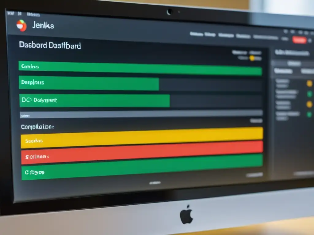 Una imagen detallada de un monitor con el dashboard de Jenkins en un sistema Linux, mostrando una eficiente integración continua