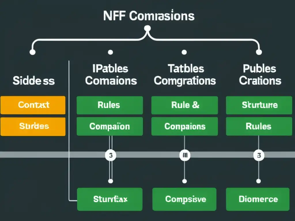 Una imagen detallada y nítida compara las configuraciones de iptables y nftables en un estilo documental