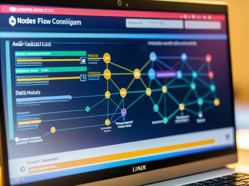 Una imagen detallada de una pantalla de computadora mostrando un diagrama de red complejo con herramientas de auditoría en Linux