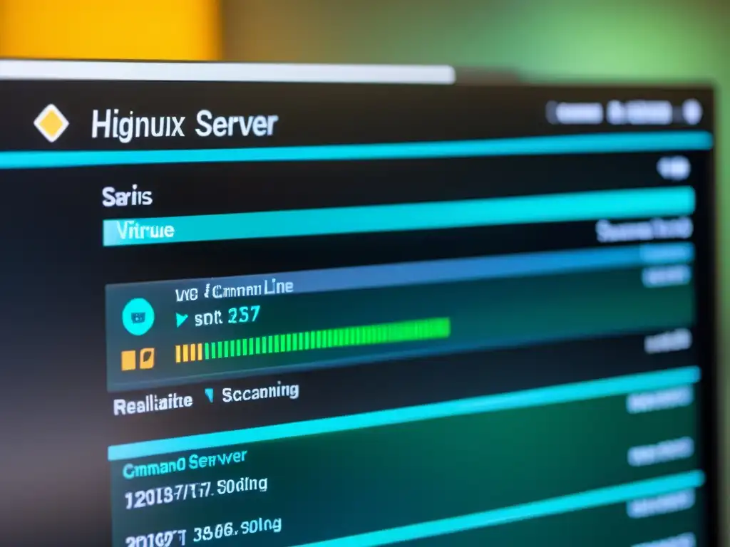 Análisis antivirus en servidor Linux Una imagen detallada de una pantalla de servidor Linux ejecutando escaneos de antivirus y antimalware, con un diseño minimalista y profesional