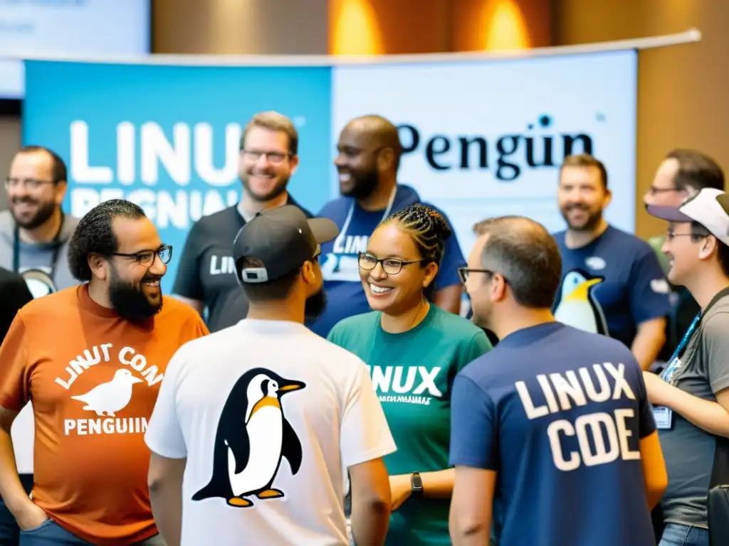 Imagen de diversidad y colaboración en el evento LinuxCon, donde los asistentes intercambian ideas y se conectan