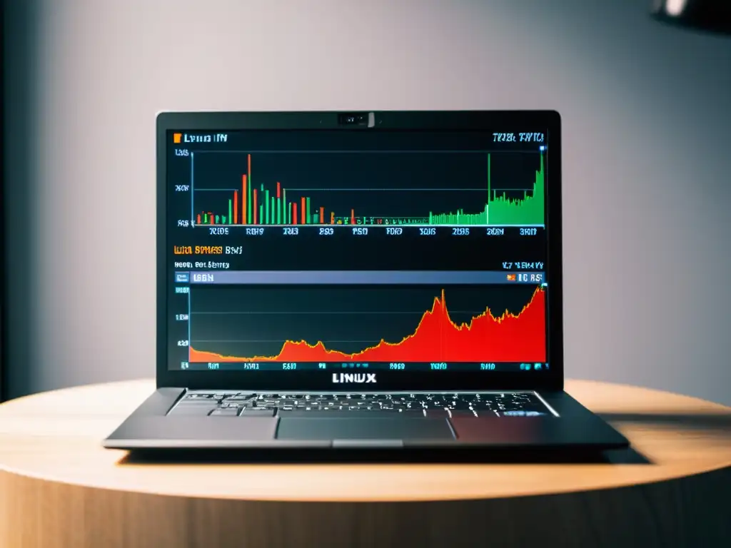 Imagen de una elegante laptop con interfaz Linux, mostrando plataformas de trading compatibles con Linux en un entorno minimalista y eficiente