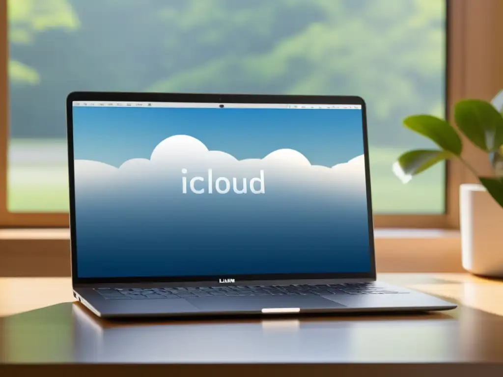 Imagen de un elegante portátil Linux con la configuración de iCloud abierta, en un escenario sereno y minimalista