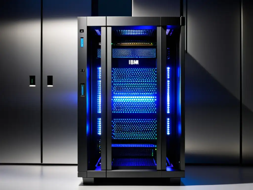 Imagen de un elegante rack de servidores IBM con integración de Linux en entorno híbrido, resaltando su diseño sofisticado y tecnológico