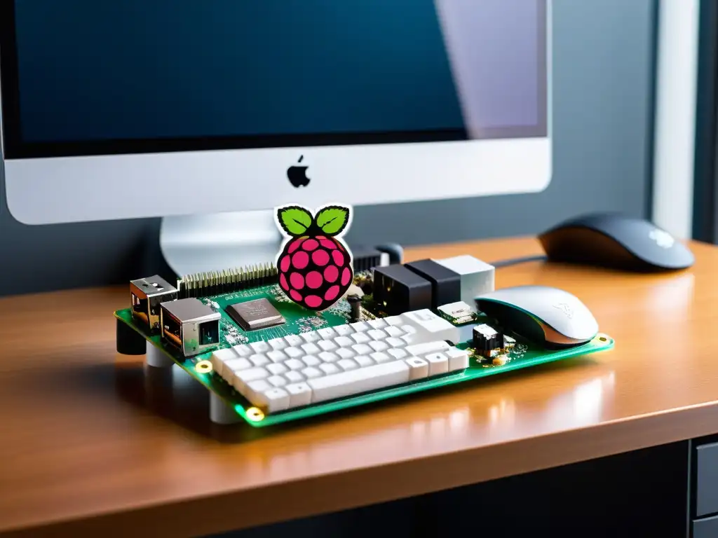 Imagen de alta resolución de una Raspberry Pi 4 en un escritorio moderno, con accesorios como teclado y ratón