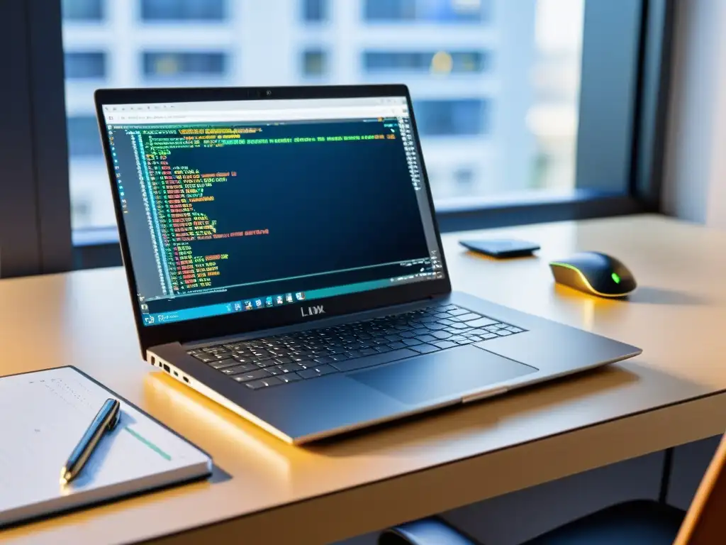 En la imagen se muestra un escritorio ordenado de desarrollador con una laptop moderna ejecutando un sistema operativo Linux