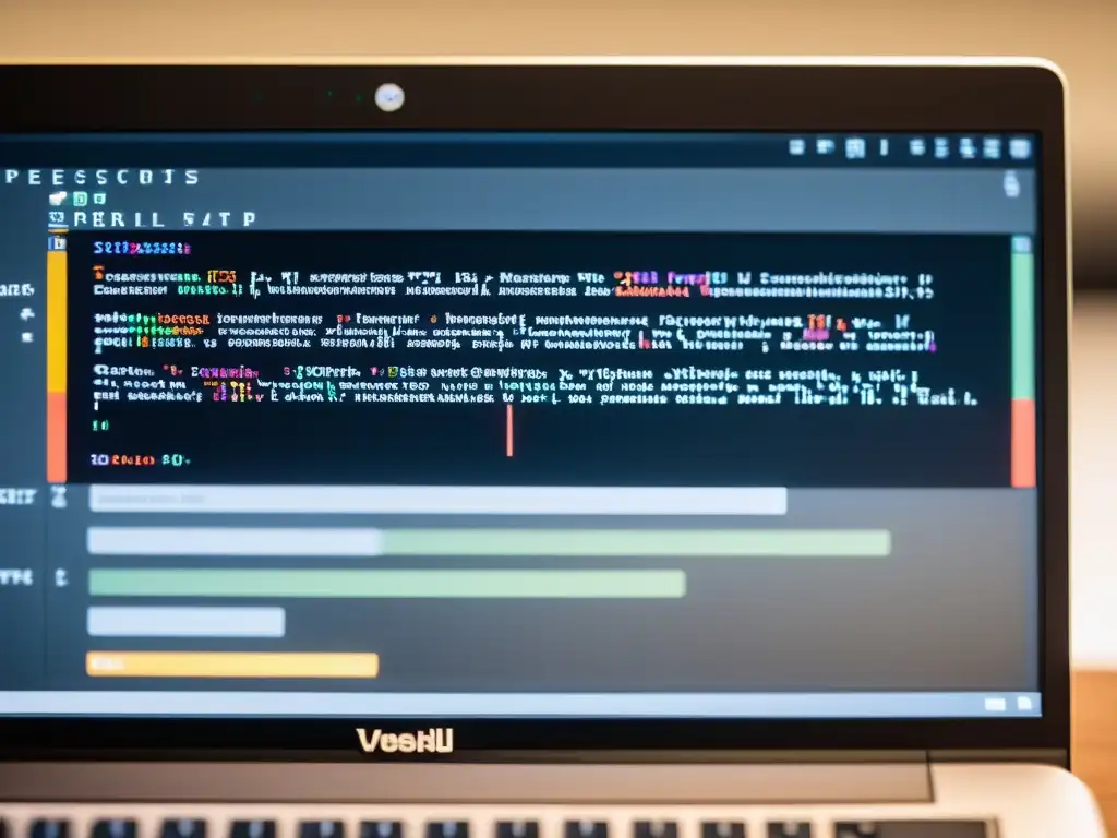 Imagen de un espacio de trabajo minimalista con pantalla de computadora mostrando scripting avanzado con Perl en Linux, iluminación suave