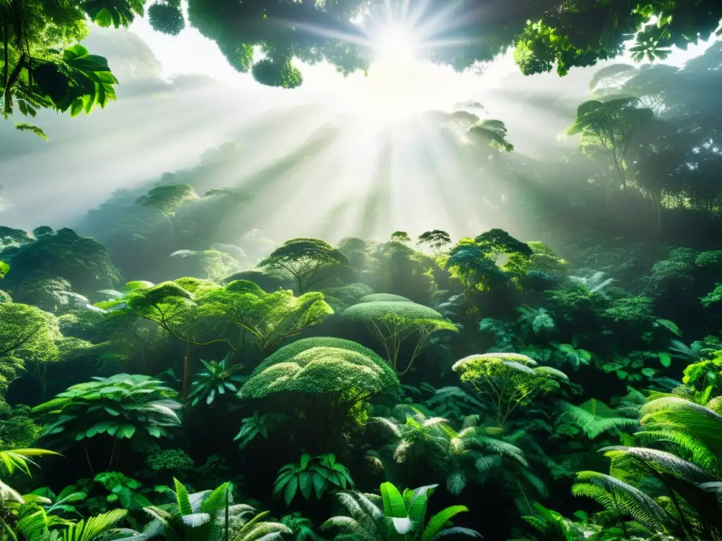 Imagen de un exuberante bosque tropical con luz solar filtrándose a través del dosel, mostrando la rica biodiversidad y el ecosistema sostenible