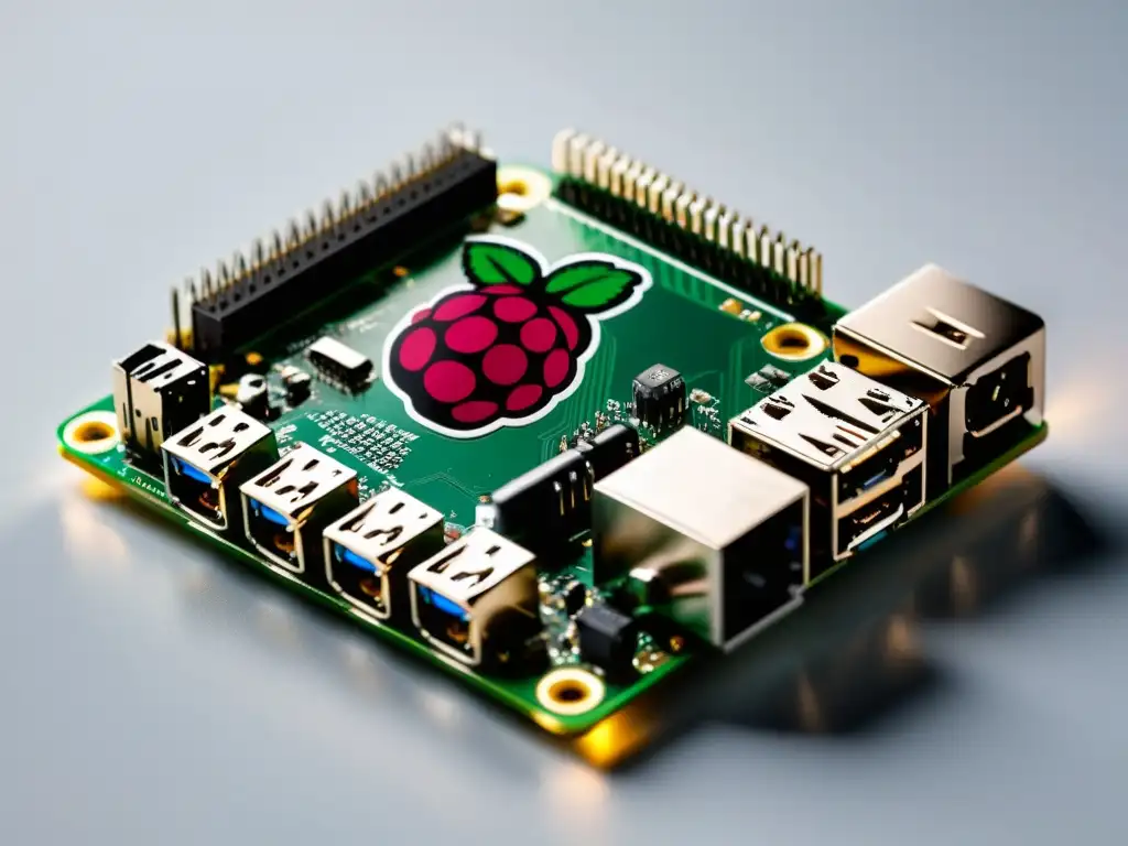 Una imagen de alta resolución de una Raspberry Pi 4 en un fondo blanco, con detalles nítidos y una iluminación suave