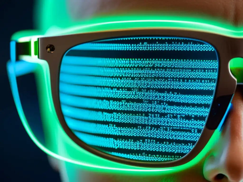 Una imagen futurista de código blockchain en un monitor, reflejado en gafas tecnológicas