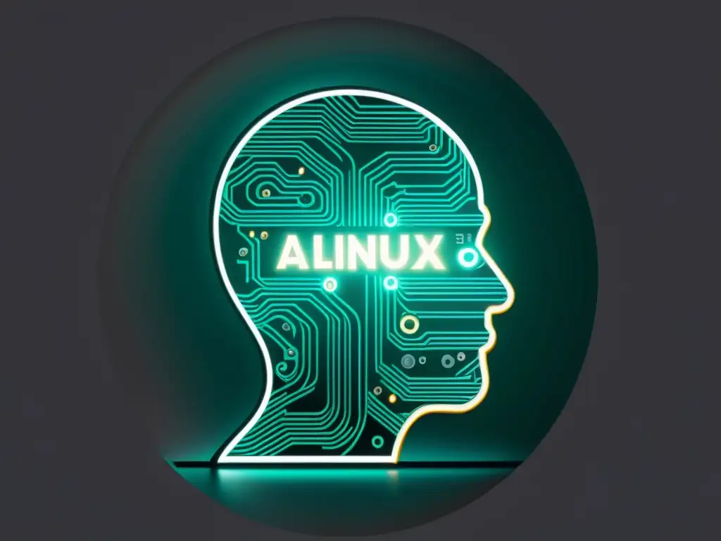 Imagen futurista de Inteligencia Artificial en soporte Linux, analizando datos complejos y ofreciendo soluciones en tiempo real