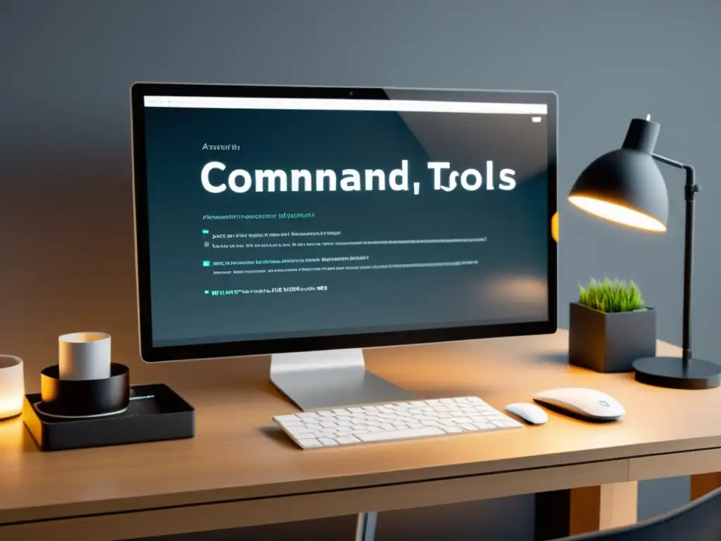 Una imagen de herramientas de línea de comandos y automatización en un escritorio moderno, transmitiendo eficiencia y productividad