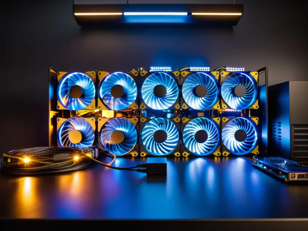 Una imagen impactante de una configuración de minería GPU en una habitación tenue, con circuitos GPU iluminados y datos de minería en pantalla