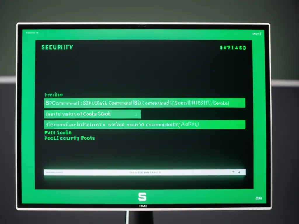 Imagen impactante de pantalla de computadora con líneas de código de seguridad y aplicaciones de BSD, en tonos verdes sobre fondo negro