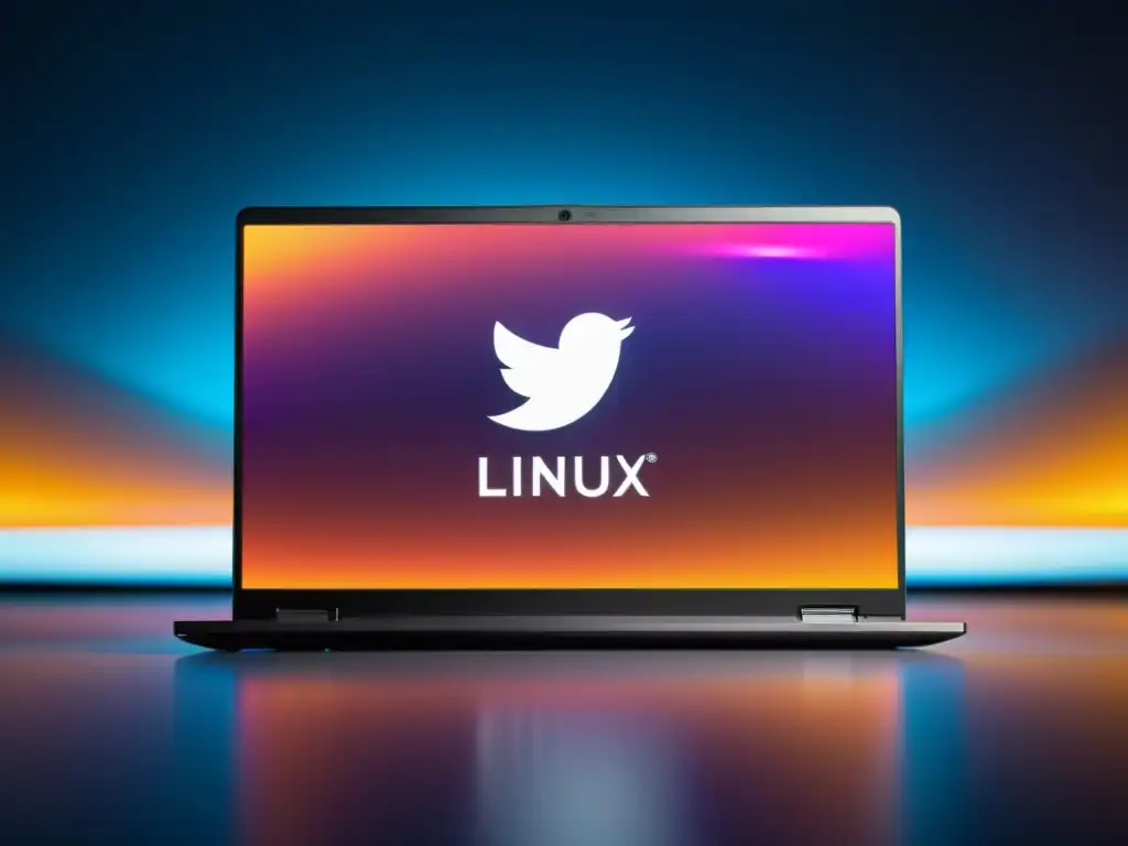 Imagen impactante de un portátil moderno con los logotipos de Linux y BSD en pantalla, en un entorno futurista