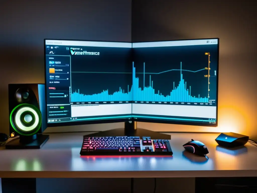 Imagen impactante de un setup de doble monitor con gráficos de rendimiento de gaming en Linux y juego en curso