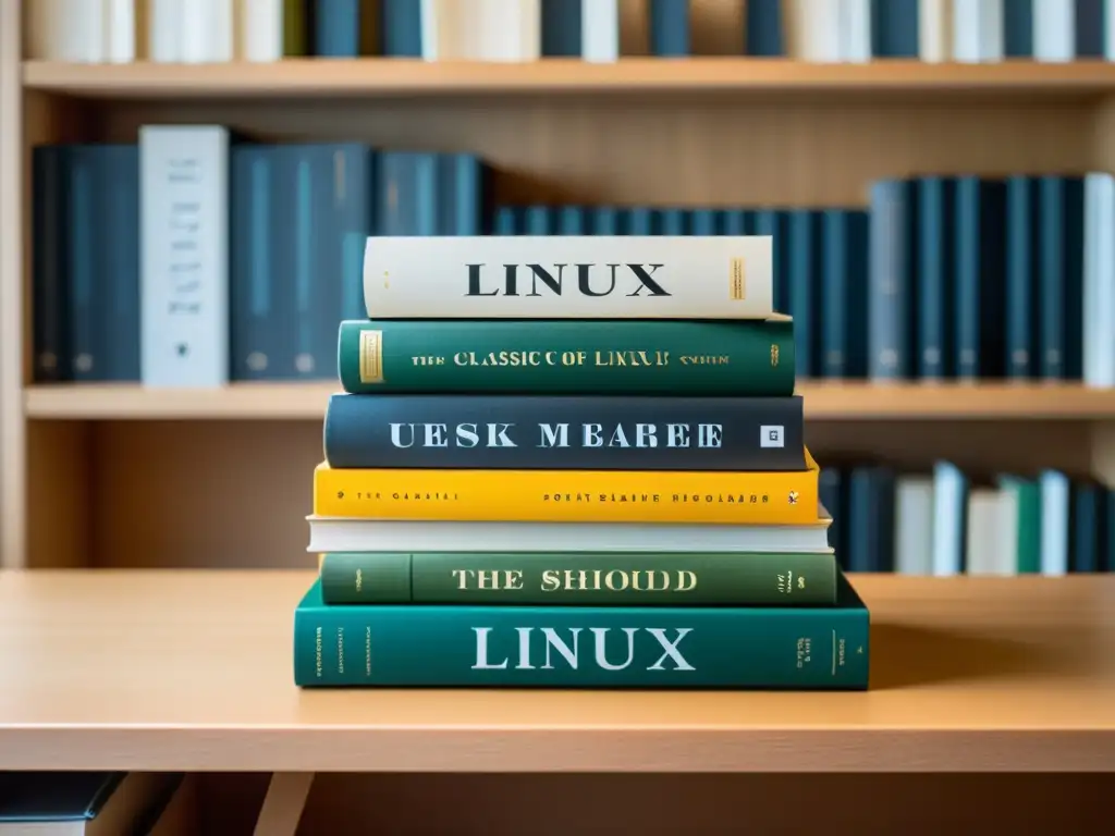 Una imagen que transmite la importancia atemporal de los fundamentos de Linux, con libros usados y una atmósfera serena