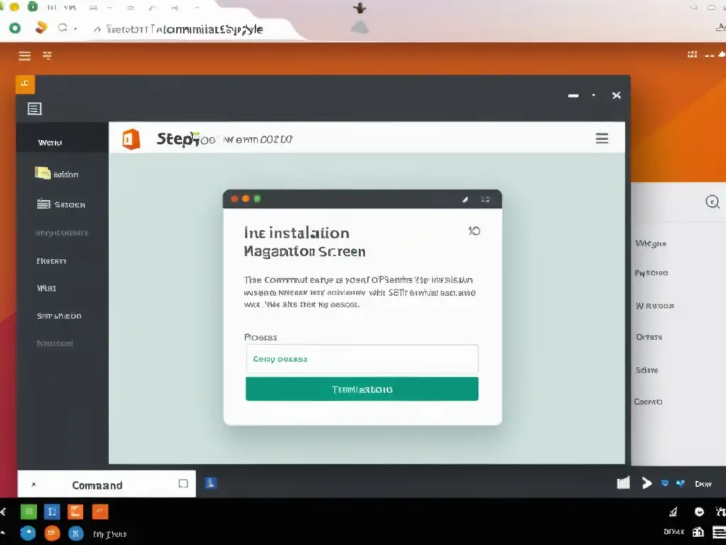 La imagen muestra la instalación de Magento en Linux con un estilo minimalista y técnico, resaltando la profesionalidad