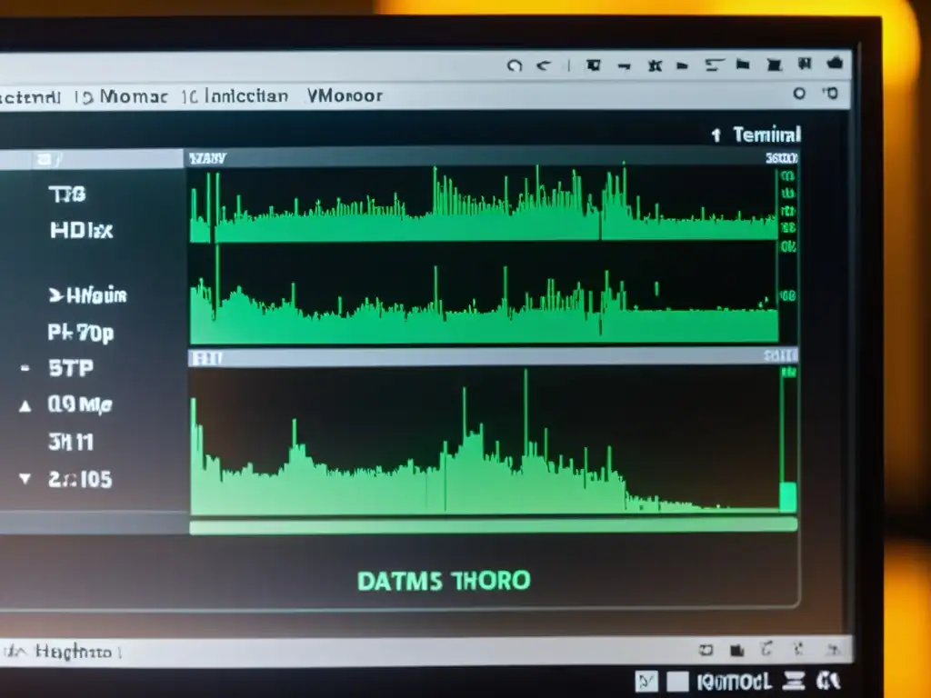 Una imagen de alta resolución de una interfaz de línea de comandos en un sistema Linux, mostrando comandos de diagnóstico como 'top' o 'htop' para monitorear el rendimiento del sistema