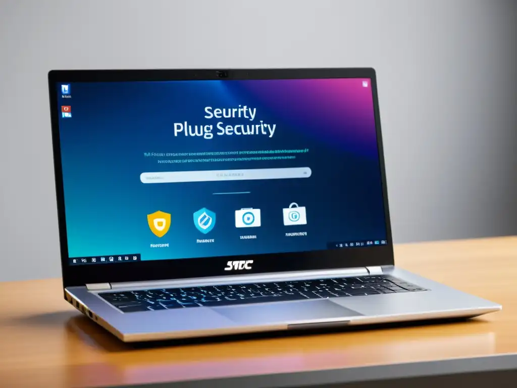 Imagen de laptop moderno con plugins de seguridad, ideal para tiendas online