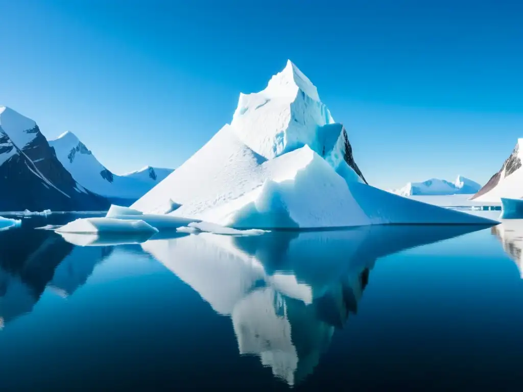 Imagen 8k de un majestuoso iceberg en aguas árticas, reflejando el cielo y montañas