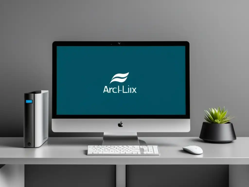 Una imagen minimalista de un elegante y moderno montaje de computadora, destacando la terminal de Arch Linux