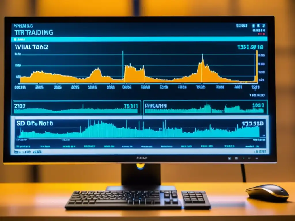 Imagen minimalista de un monitor de computadora de alta resolución que muestra una plataforma de trading virtual en BSD