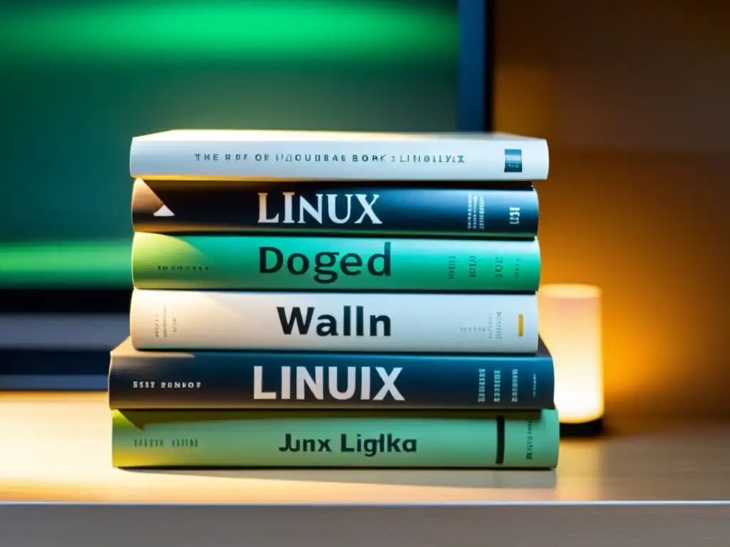 Una imagen minimalista muestra una pila de libros desgastados de Linux en un escritorio limpio