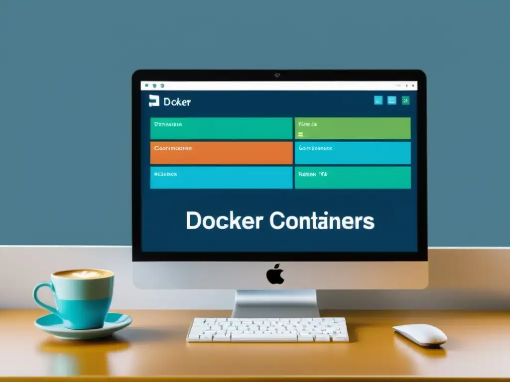 Una imagen minimalista y profesional de contenedores Docker ejecutándose en Linux, con una atmósfera informativa y profesional