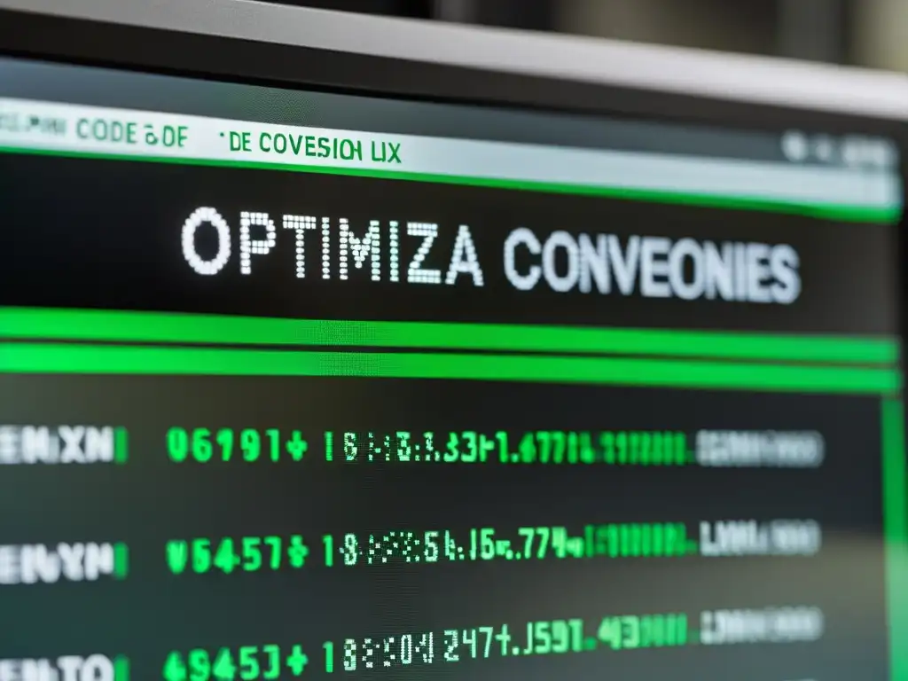 Imagen de monitor de computadora con código en terminal, destacando 'Optimización de Conversiones en Linux'