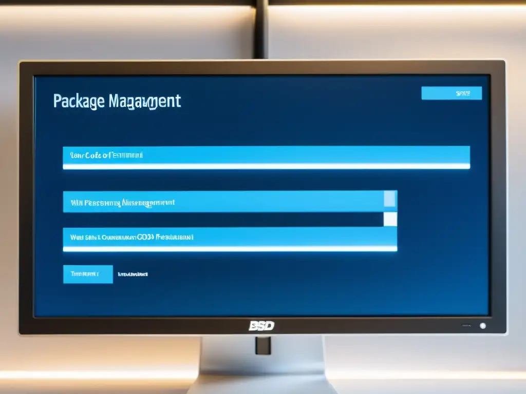 Una imagen de un monitor con una interfaz minimalista mostrando líneas de código de gestión avanzada de paquetes BSD