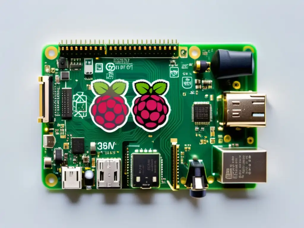 Una imagen nítida y detallada de una placa Raspberry Pi conectada a sensores IoT y dispositivos, con un fondo blanco limpio