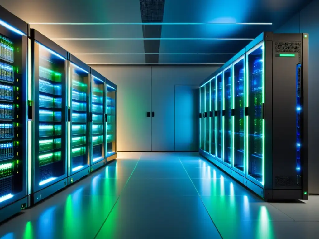 Imagen de un data center ordenado y moderno con servidores organizados, iluminados por luces LED azules y verdes