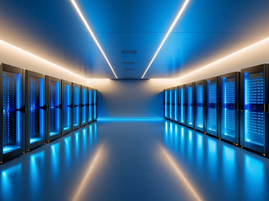 Imagen de un ordenado y sereno cuarto de servidores modernos bañados en luz azul, transmitiendo eficiencia y confiabilidad en un entorno empresarial Linux de disponibilidad continua